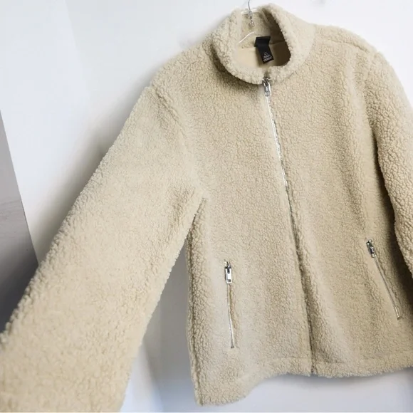 H&M Faux Shearling Jacket Teddy Coat Beige Cream Cozy Warm Fall Full zip ivory - Picture 6 of 9